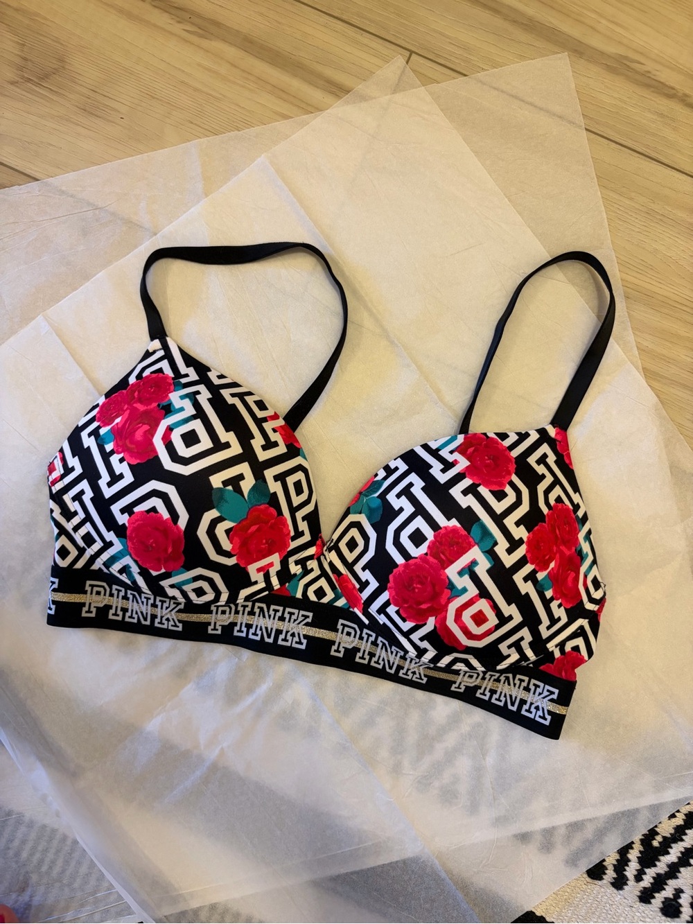 PINK Victoria's Secret Black Geometric Bralette with Red Rose Print